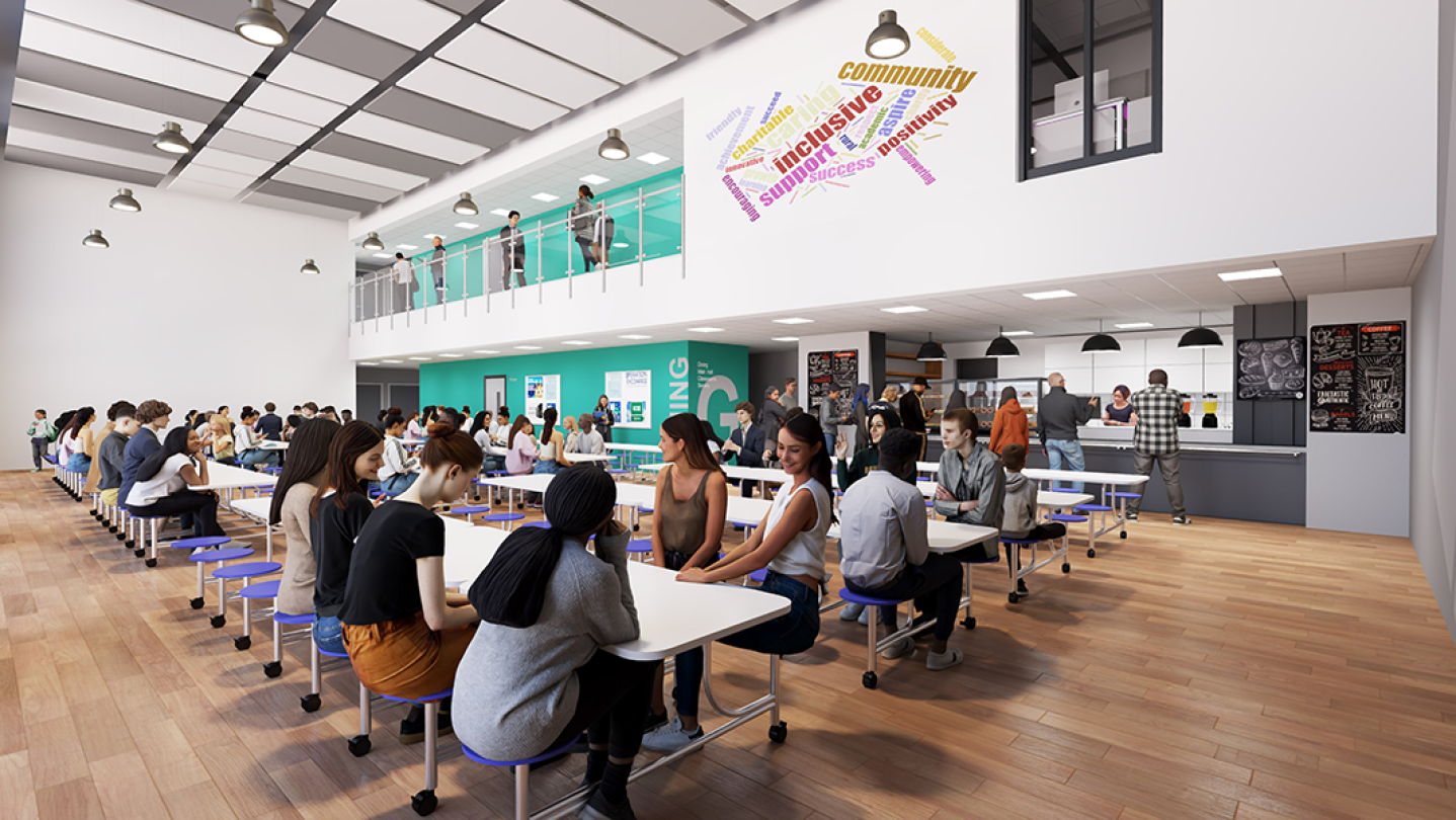 A digital render of the dining hall at Appleby Grammar School