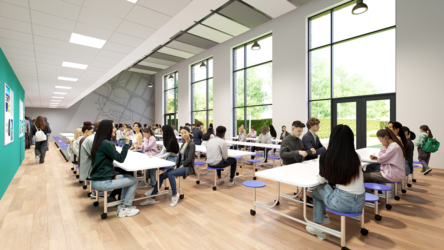 A digital render of the dining hall at Appleby Grammar School