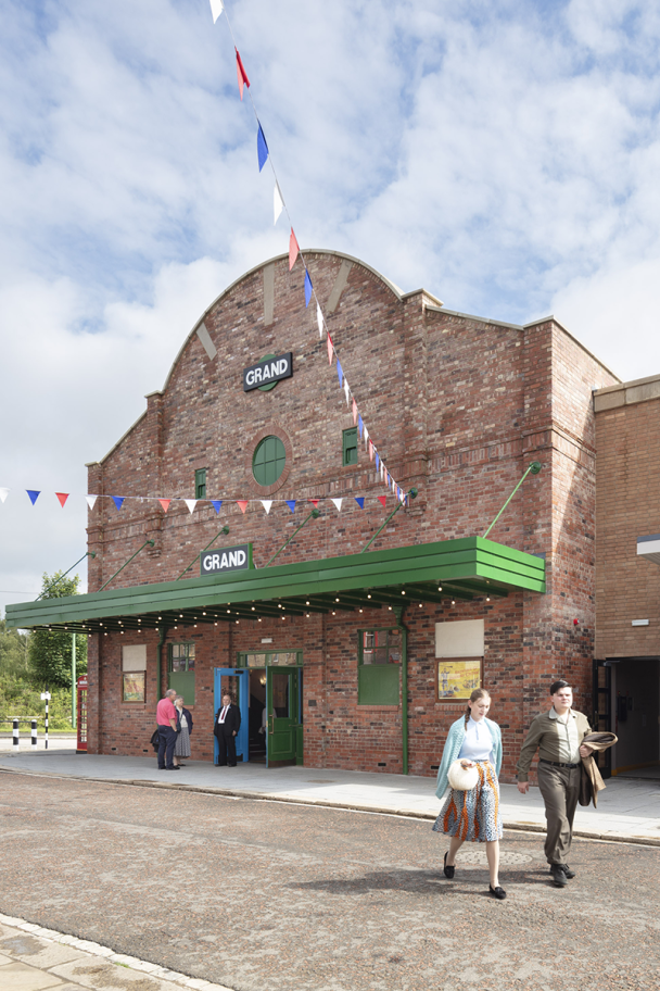 An image of the front of The Grand Cinema replica in the 1950's town at the Beamish Living Museum