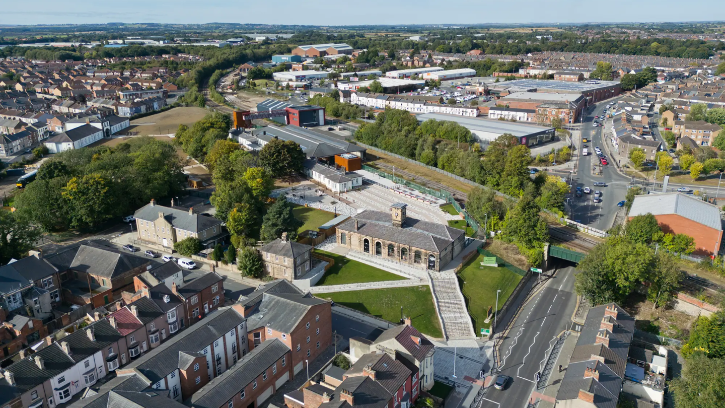 An aerial shot of Hopetown Darlington, showing the surrounding area and railway