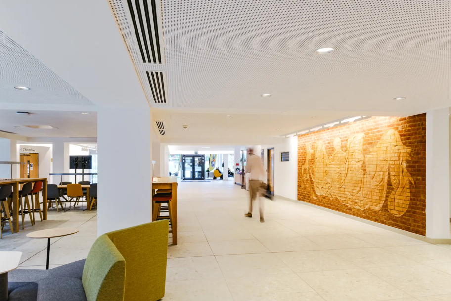 Inside the Northumberland County Hall reception area, with an artistic feature wall