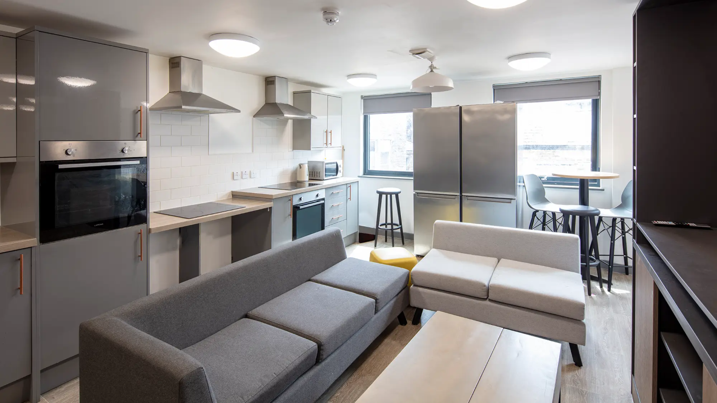 Inside a living room area at the Three Tuns student accommodation