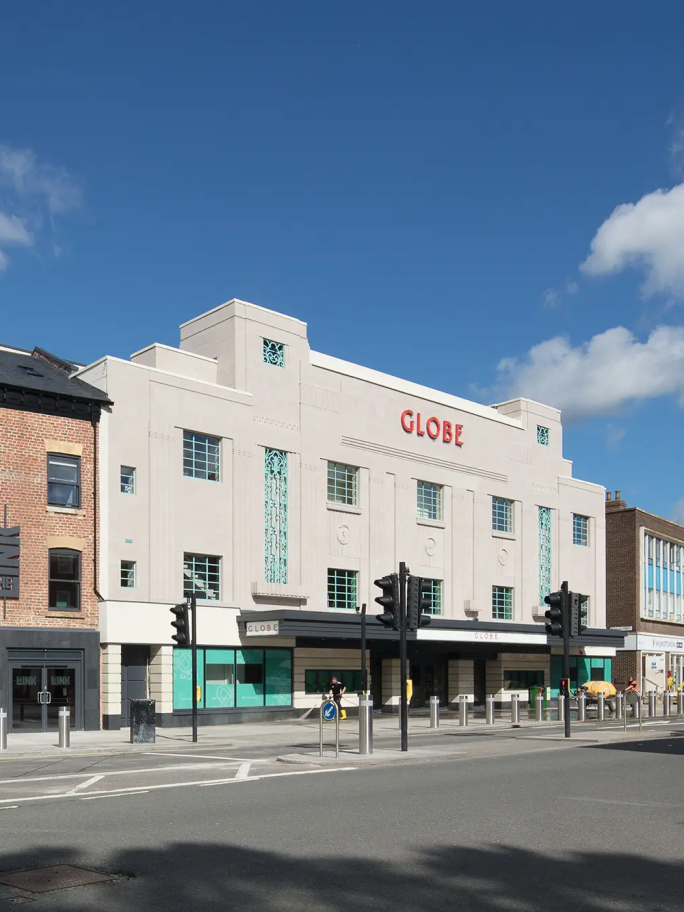 An across the street view of the Stockton Globe