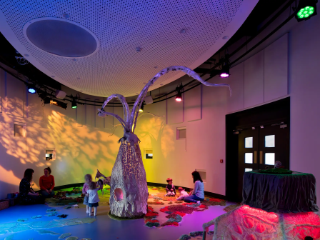Inside an interactive art exhibit room in the Hullaballoo theatre