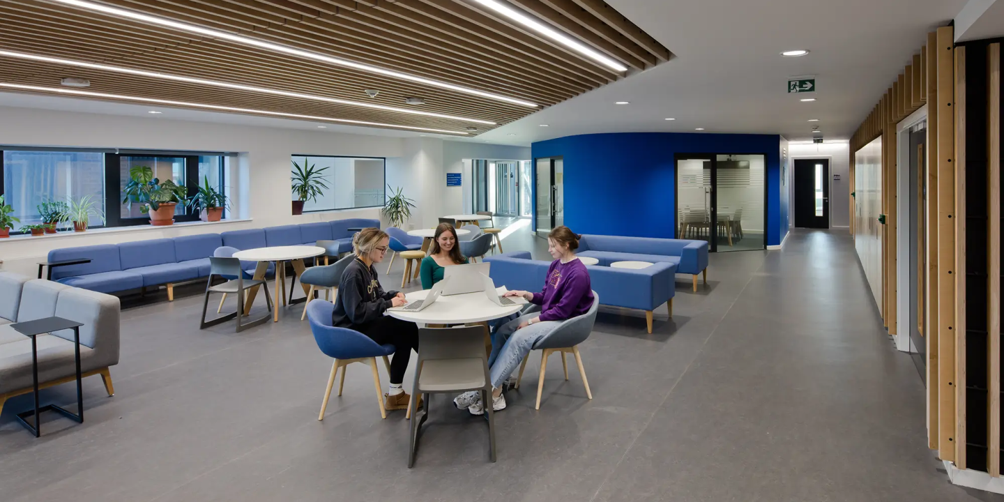 A group of students study inside the Henry Daysh building