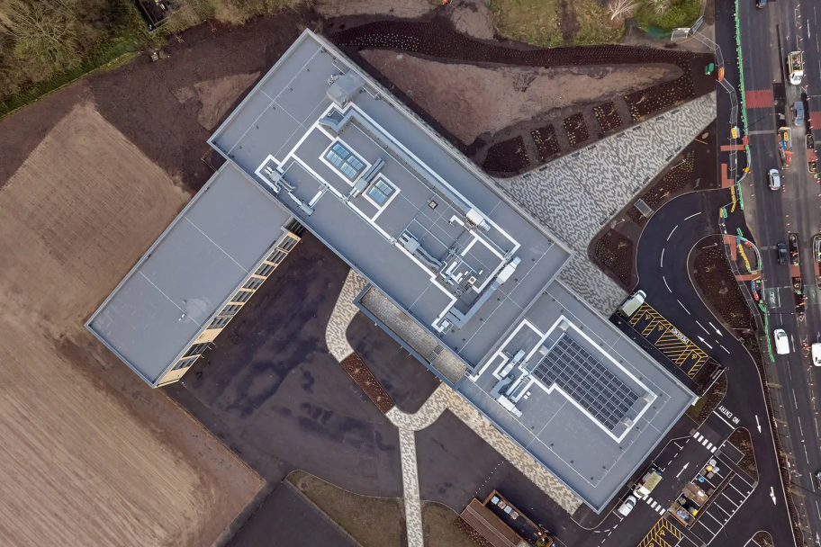 An aerial drone view of Belle Vue Academy showing the layout of the school