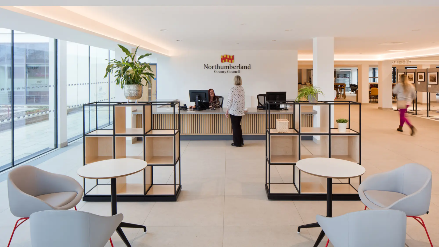 The reception at Northumberland County Hall, with a Northumberland County Council badge on the wall