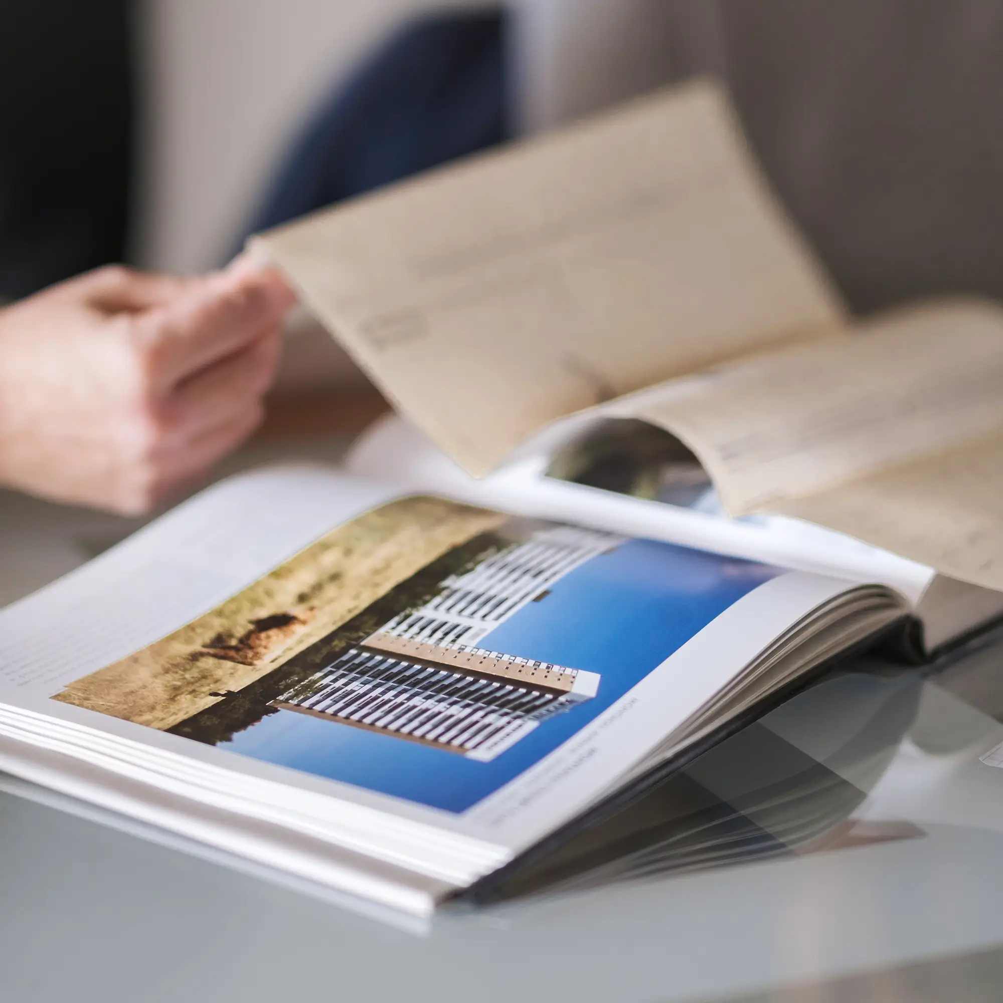 Close up detail of architectural book featuring Montagu Court