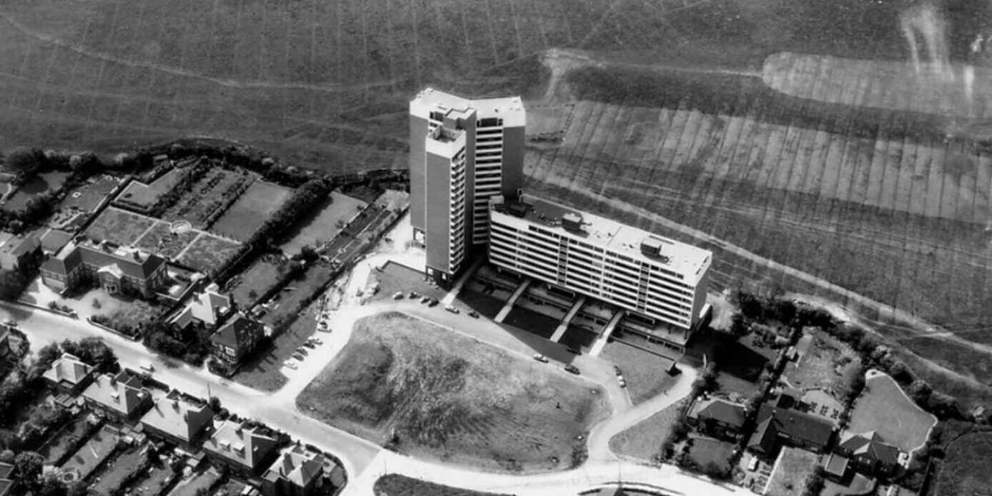 An old black and white image of Montagu Court from the 1960s
