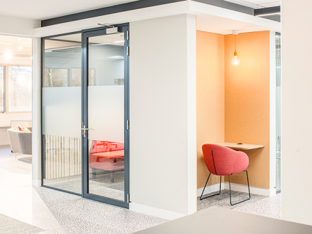 Spaceworks office redesign, with private meeting pod and extra seating area