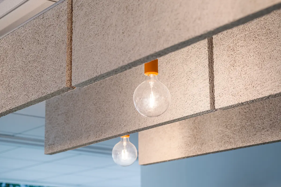 Acoustic baffle separating the lighting for sound absorption