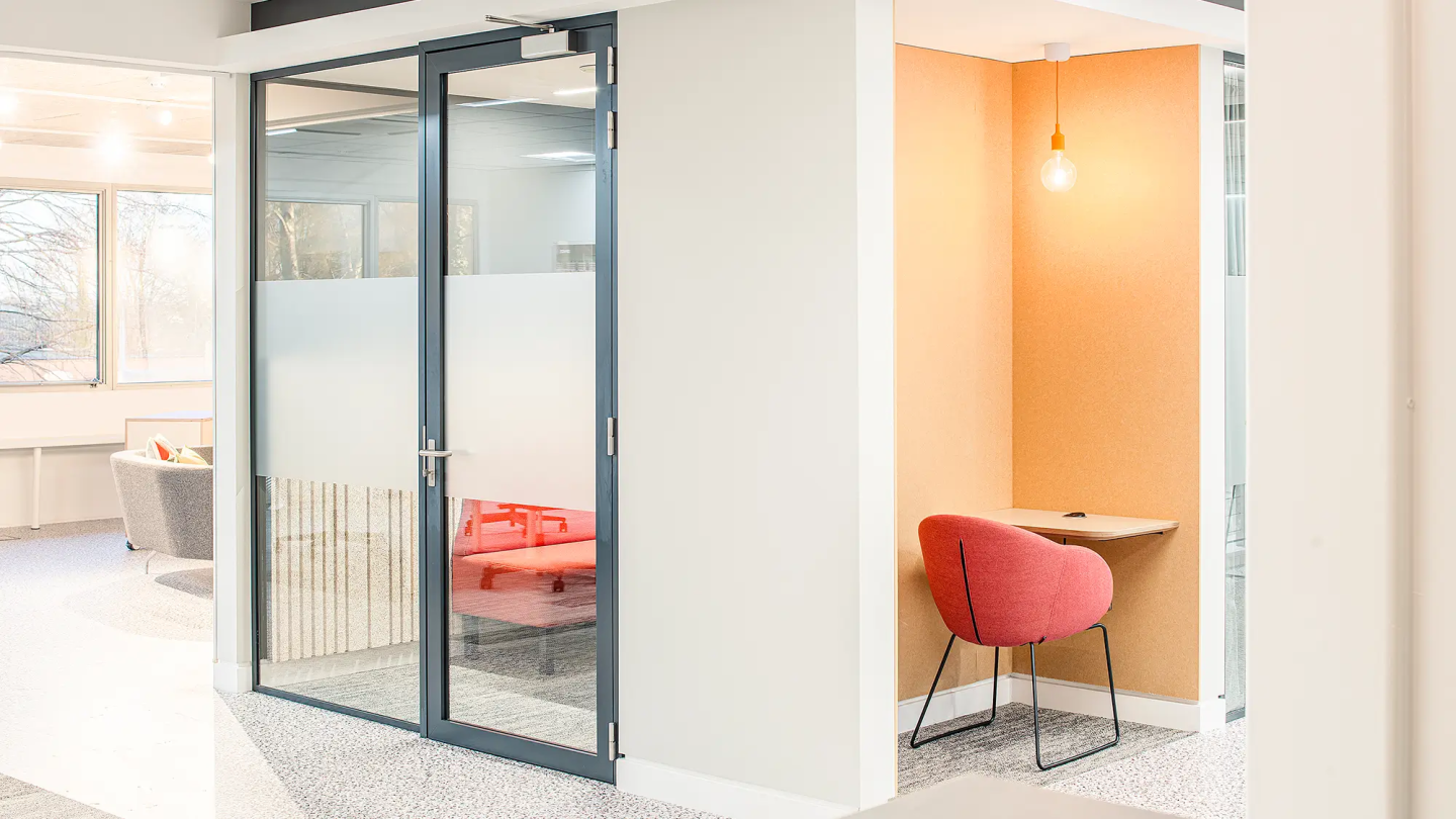 Spaceworks office redesign, with private meeting pod and extra seating area