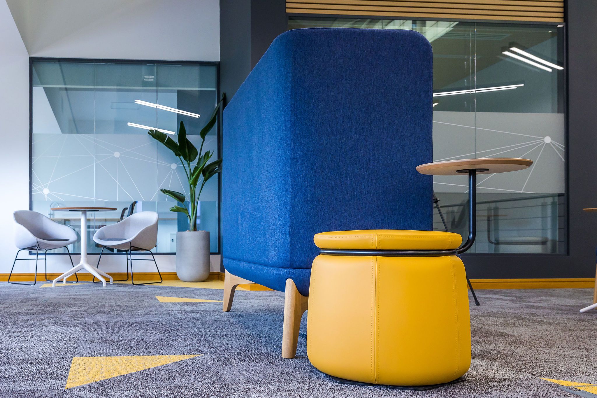 Close-up detail of seating within hybrid social space inside Orbit Building, NETPark