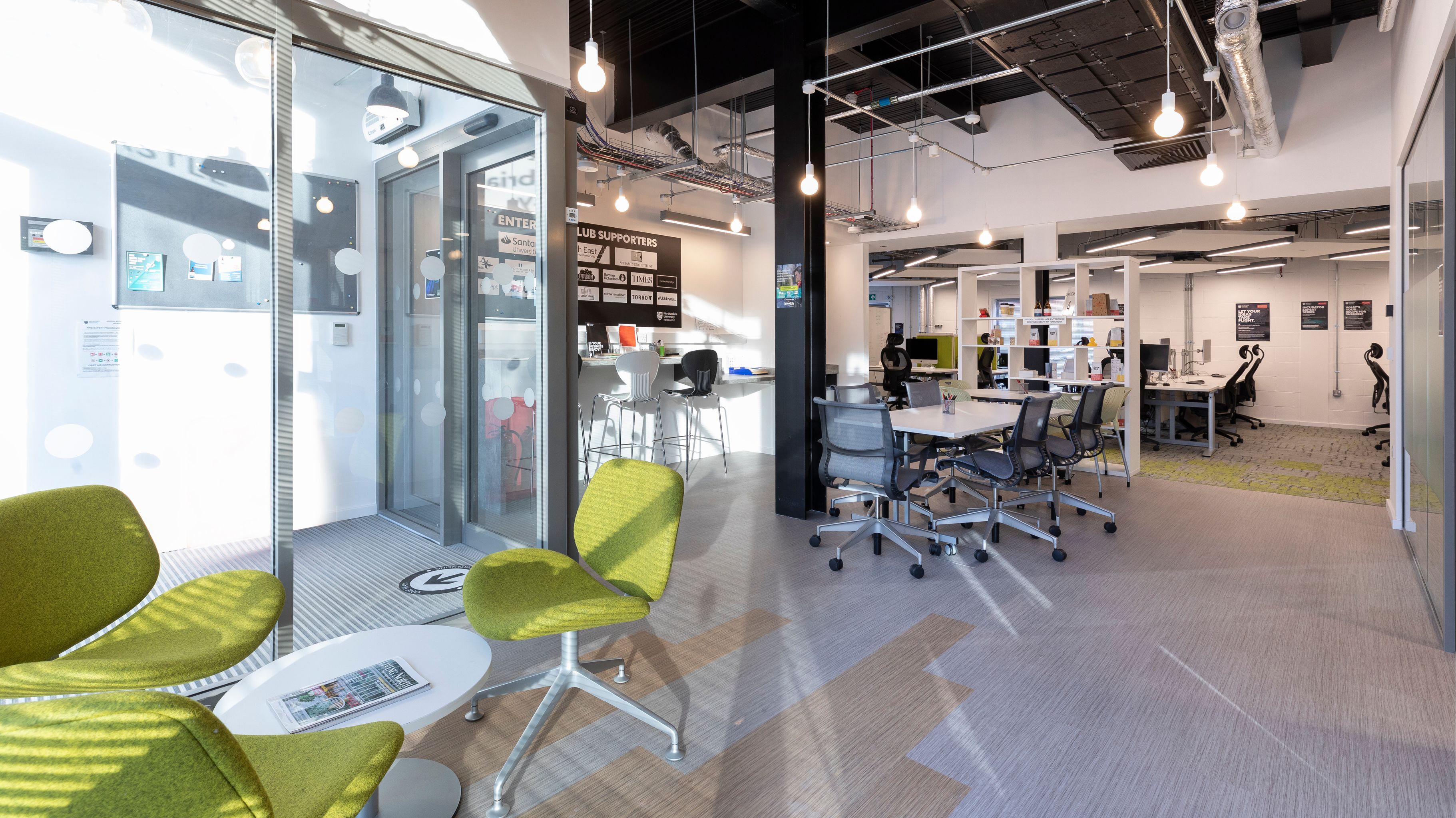 View of social seating and co-working space located within Northumbria University Business Incubator