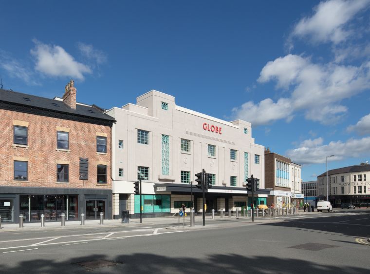 Street view of Stockton Globe facade from across the road