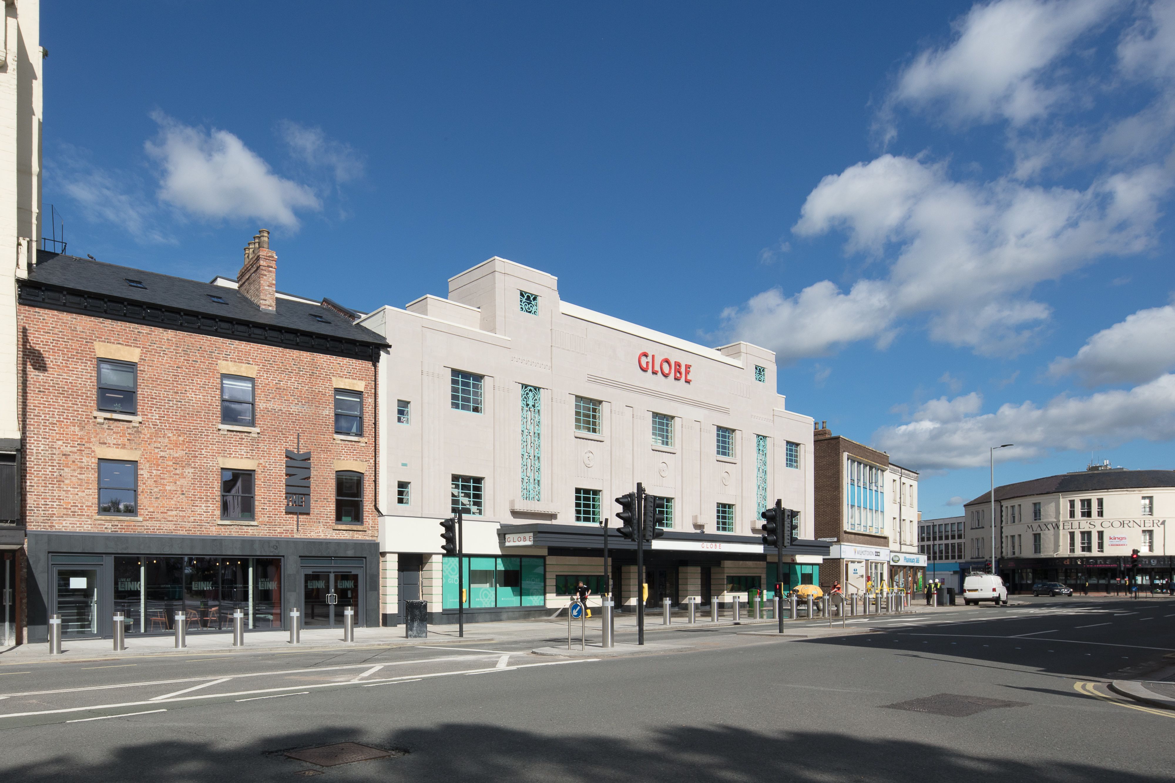 Street view of Stockton Globe facade from across the road