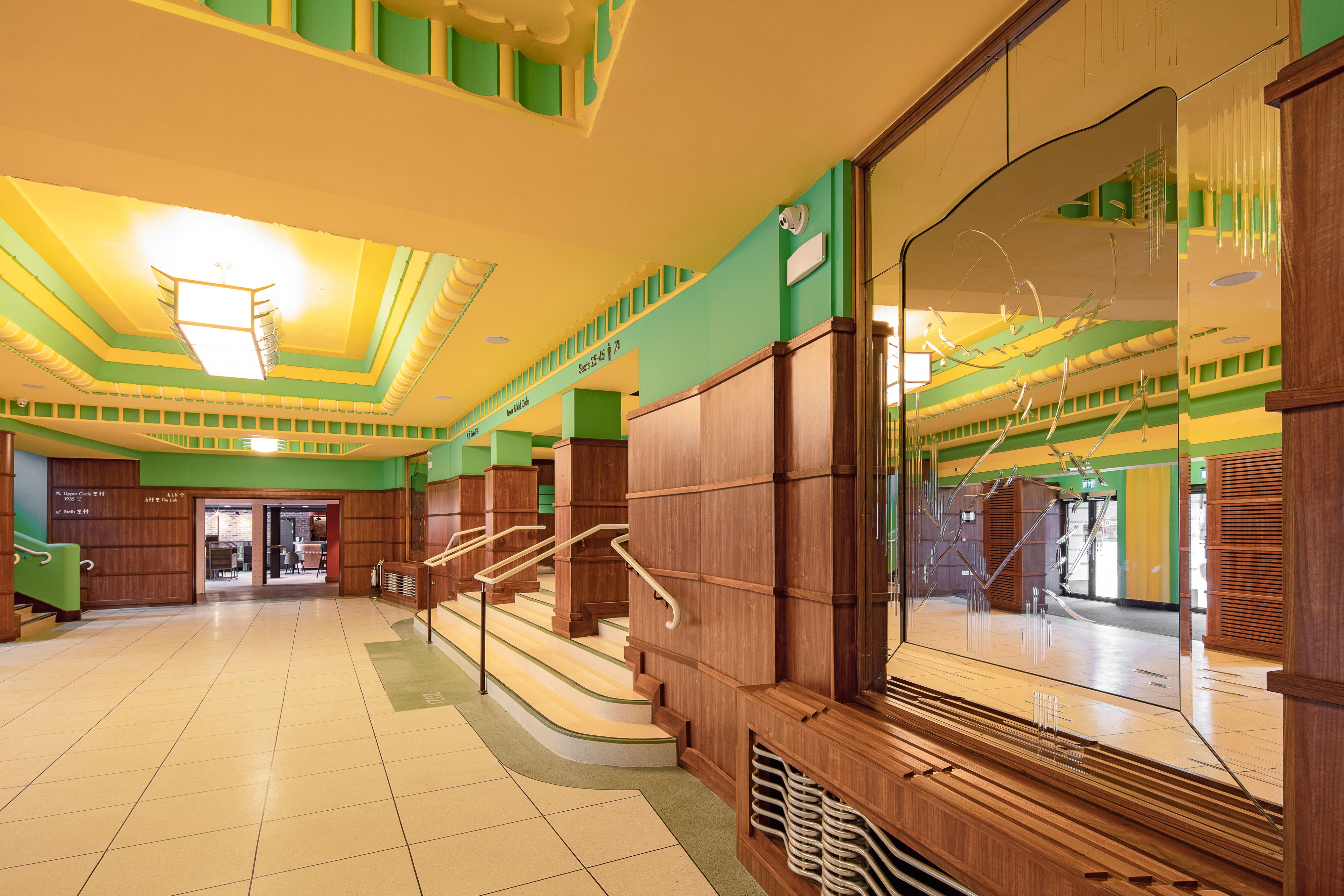Main lobby area inside Stockton Globe featuring Art Deco detailing