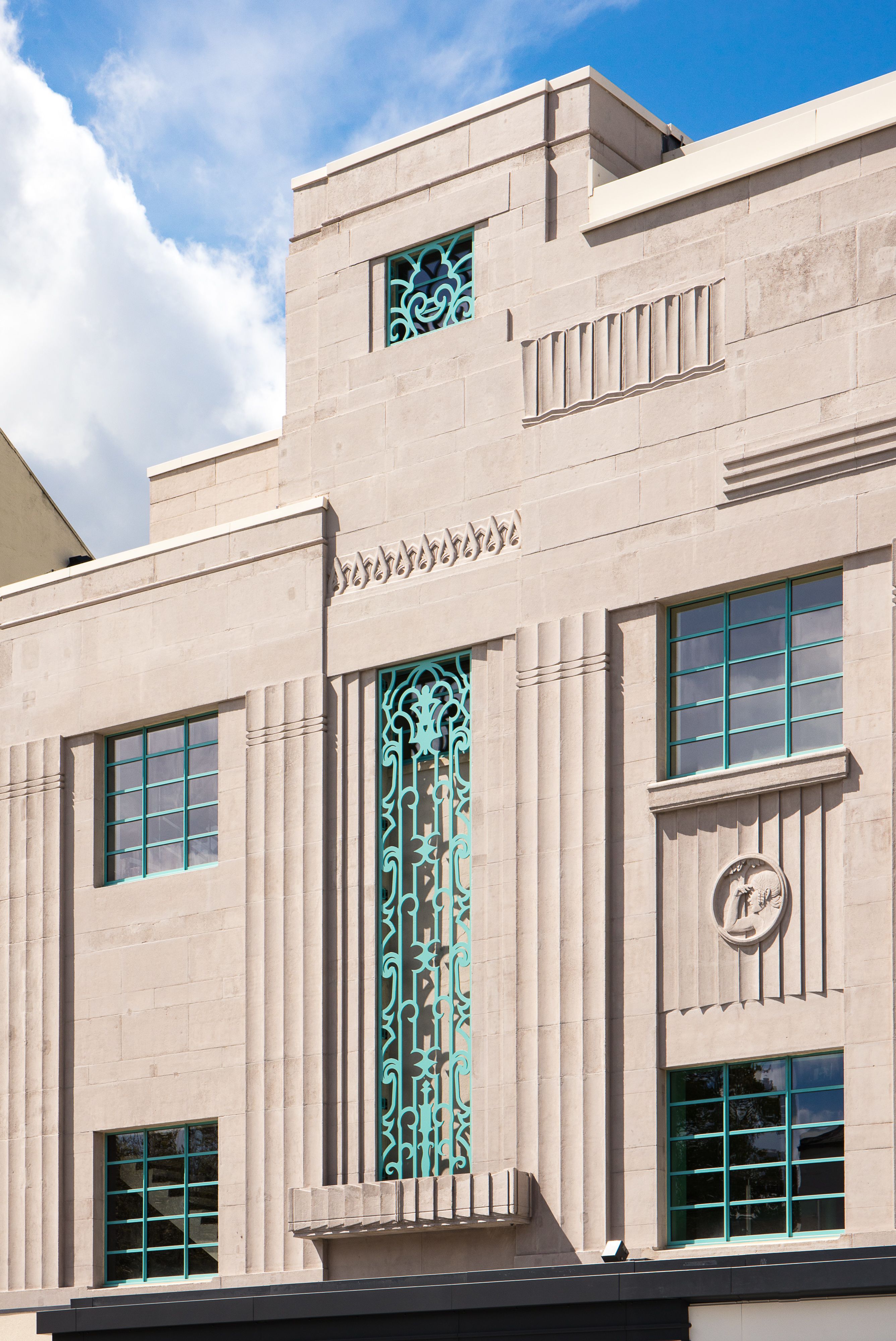 Close up architectural detail of Stockton Globe facade