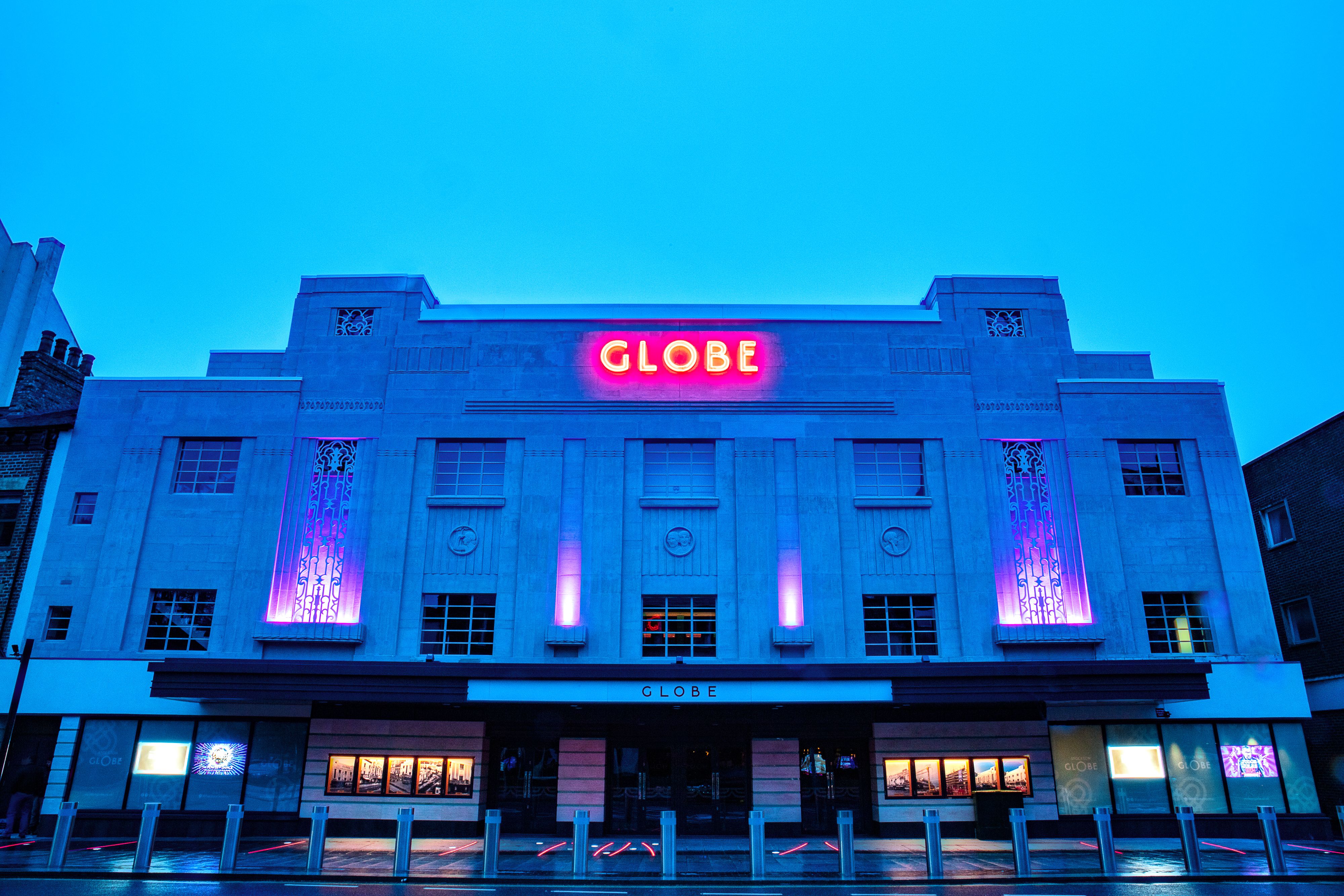 Face on view of Stockton Globe facade taken at dusk